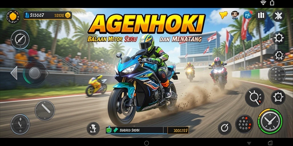 Tampilan seru dari gameplay AGENHOKI dalam balapan motor.