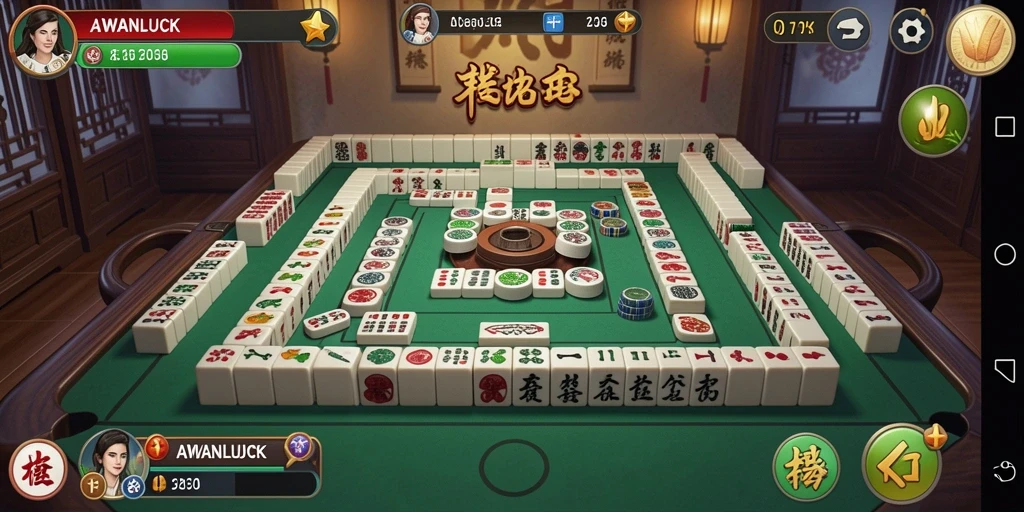 Screenshot dari gameplay AWANLUCK yang penuh aksi Mahjong.