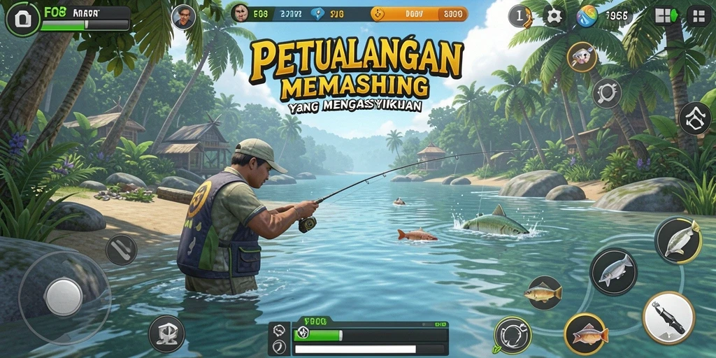 Tampilan gameplay FO8 yang seru saat menangkap ikan.