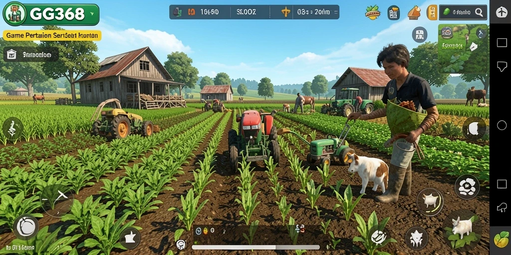 Tampilan gameplay GG368 dengan aktivitas bercocok tanam yang seru.
