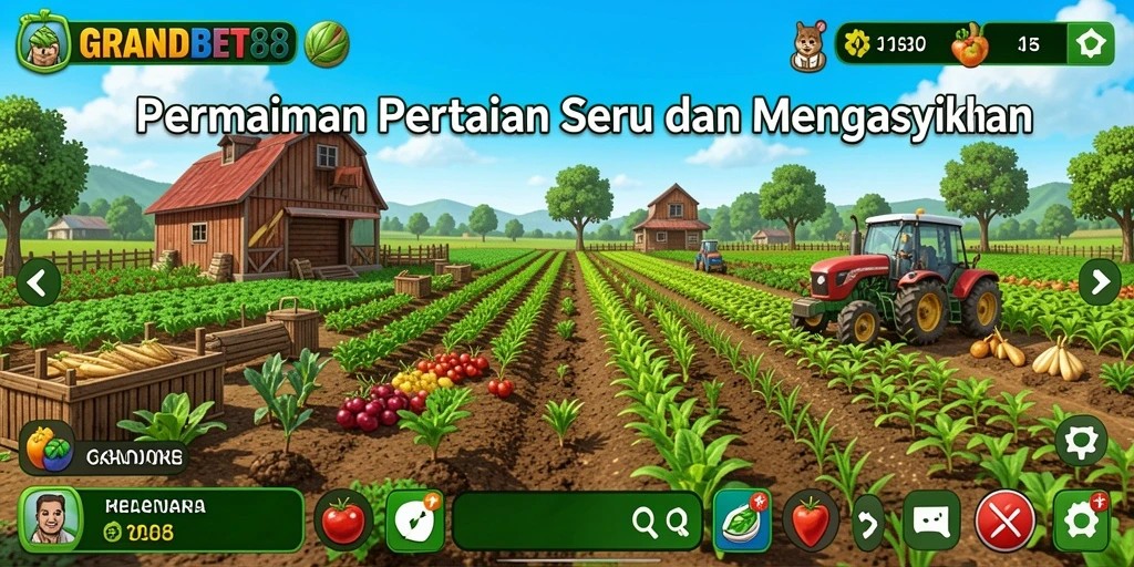 Tampilan gameplay <strong>GRANDBET88</strong> saat mengelola kebun dan merawat tanaman.