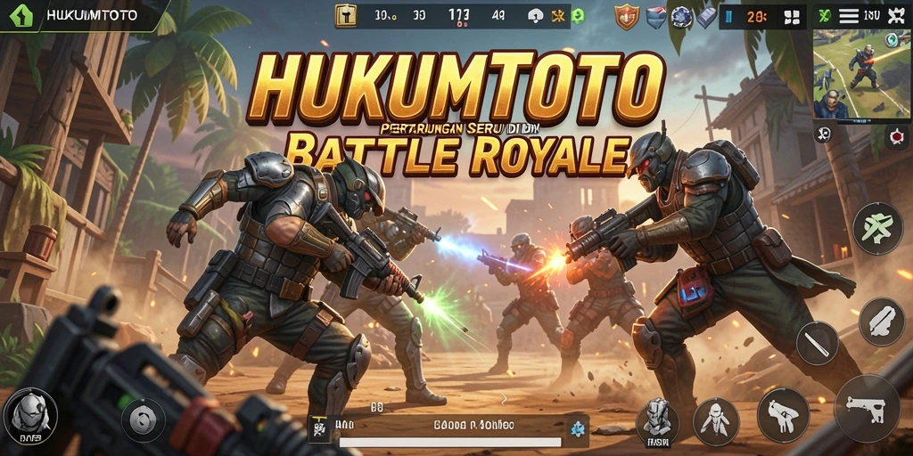Screenshot utama HUKUMTOTO menampilkan aksi pertarungan seru di medan perang Battle Royale.