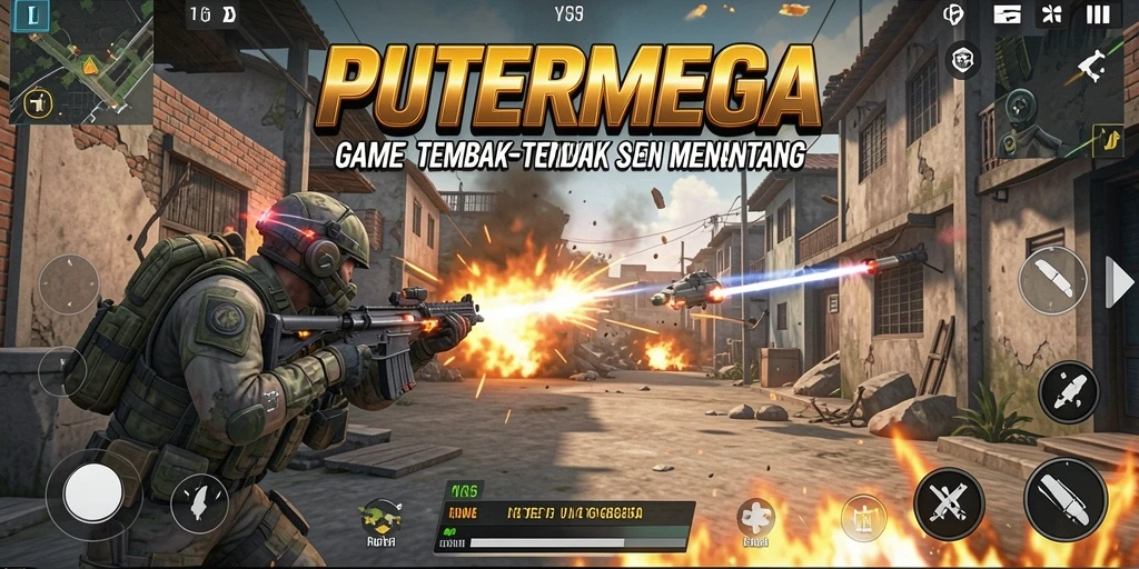 Screenshot utama PUTERMEGA menunjukkan aksi tembak-menembak yang intens.