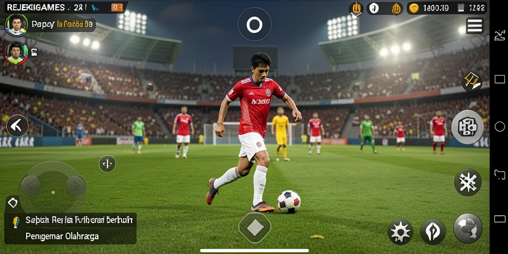 Screenshot gameplay REJEKIGAMES menampilkan aksi sepak bola yang seru.