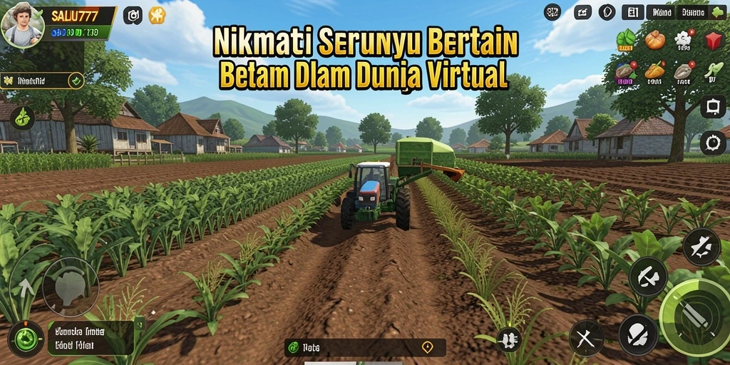 Screenshot gameplay SALJU777 menunjukkan keindahan ladang pertanian yang subur.